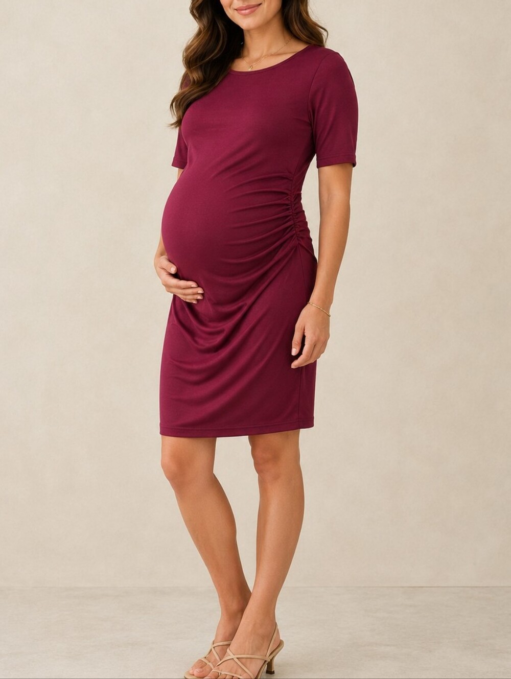 PinkBlush Maternity Dress Burgundy Ruched Short Sleeve Women Size Medium Bodycon